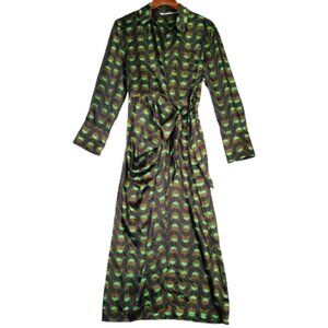 Zara Maxi Wrap Dress Women's Medium Green Brown Geometric Long Sleeve Modest